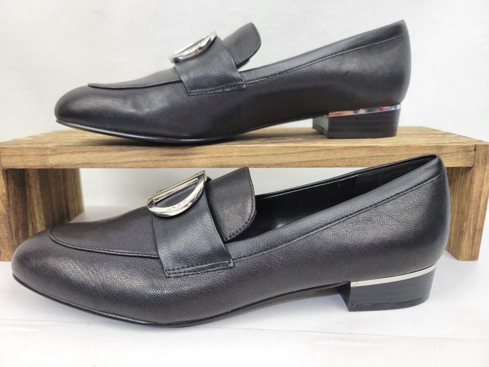 DKNY Logo Low Heel Womens US 7M EU 37.5B Black and Silver Metal Logo New